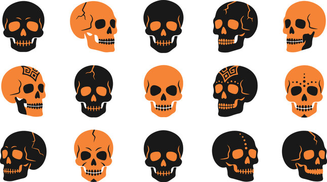 A collection of black and orange human skulls arranged in a grid pattern for halloween holiday design projects
