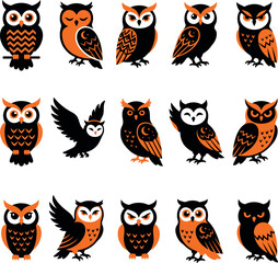 Fototapeta premium Set of cute cartoon owls in black and orange colors isolated on a white background for design projects