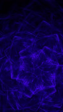 Blue floral swirling pattern of curved waves on black background. Vertical abstract fractal video.
