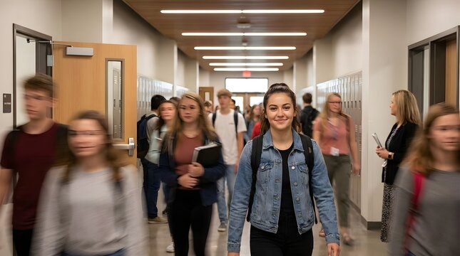High school students walking through busy school hallway.