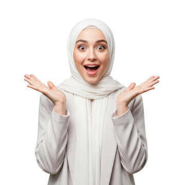 Surprised young muslim woman wearing hijab looking at camera isolated on transparent background