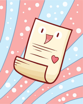 Cute and funny love letter cartoon character with blue pink background