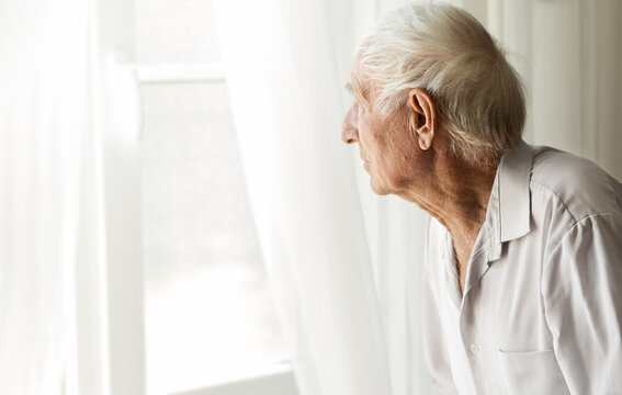 an elderly, gray-haired man looks out the window
