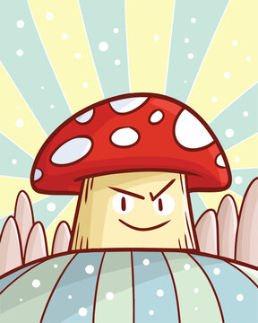 Funny red mushroom cartoon illustration with colorful background