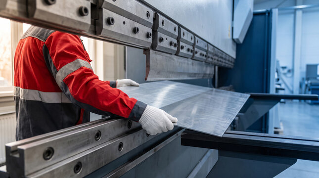 Worker in red uniform bending sheet metal on a press brake machine inside a modern industrial factory