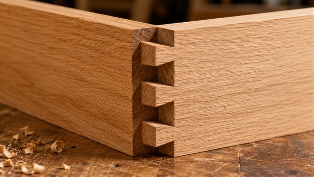 Oak dovetail joint fitting on wooden drawer corner