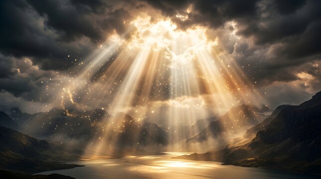 Divine light beams pierce through stormy clouds illuminating a serene lake and majestic mountains, creating a breathtaking natural spectacle