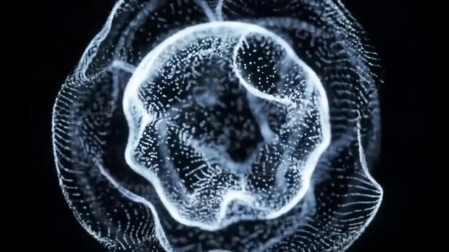 Futuristic wireframe human head formed by glowing particles, symbolizing artificial intelligence and digital technology.