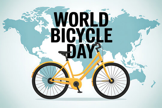 World bicycle day concept with yellow bike and world map transport sustainable activity exercise