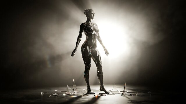 Dark metallic female android standing in a smoky room with shattered glass fragments on the floor, cinematic sci-fi robot concept.