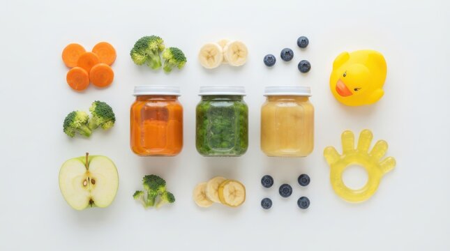 Baby food jars with fresh ingredients isolated on white background