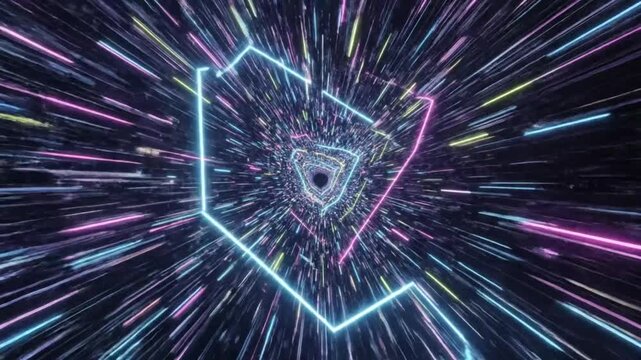 Abstract futuristic neon tunnel with geometric shapes in a bright, colorful hyperspace journey