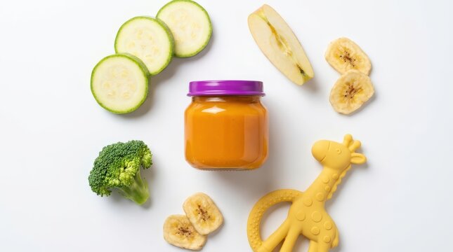 Baby food jar with zucchini, broccoli, apple slice, banana chips and giraffe teether isolated on white background