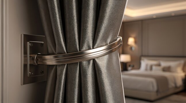 Luxury hotel room interior with elegant curtains and a bed.