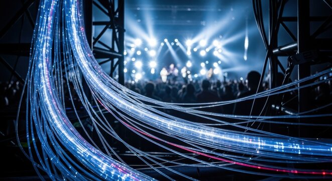 Slow pan across translucent fiberoptic lines carrying data in a live gig environment emphasizing the critical role of advanced cabling technology.