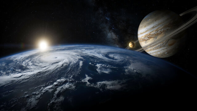 Beautiful view of planet earth and saturn glowing in deep outer space with a bright sun shining in the dark black starry galaxy sky during a cinematic cosmic event in the universe