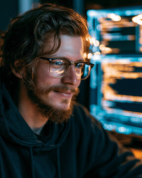 Focused Young Male Coder in Modern Workspace: Nighttime Innovation and Software Development