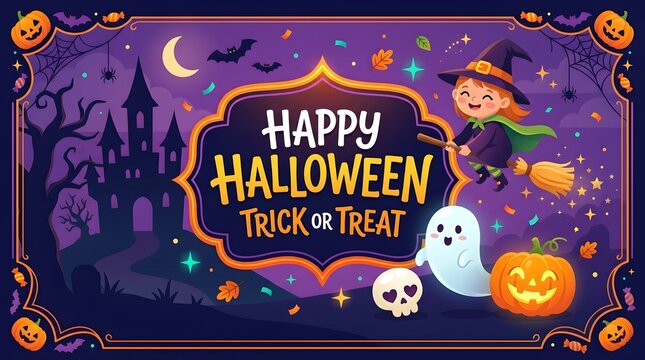 Happy Halloween banner vector illustration with cute witch, ghost, haunted castle, and pumpkins on purple background