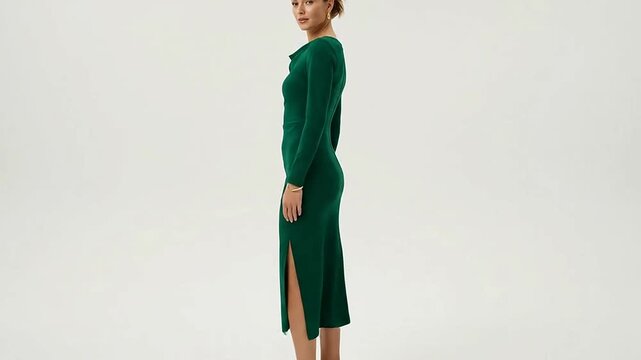 Elegant Woman in Stylish Green Long Dress with Side Slit