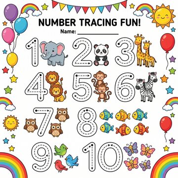 Number Tracing Worksheet 1 to 10 with Cute Animals for Preschool and Kindergarten Printable Math Activity