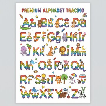 Premium Alphabet Tracing Poster A to Z with Cute Animals and Objects for Preschool Learning