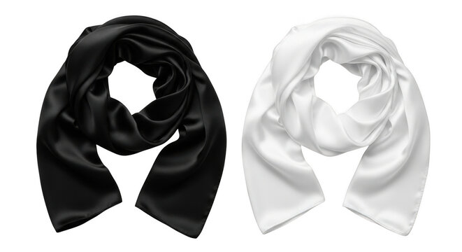 Black and white silk scarves set on a neutral surface isolated on transparent background