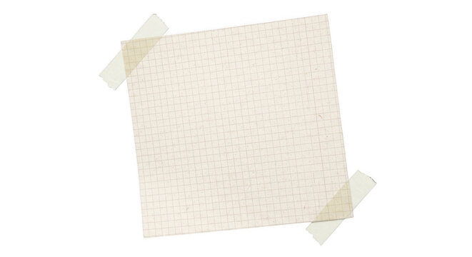 Square paper note attached with adhesive tape pieces isolated on transparent background