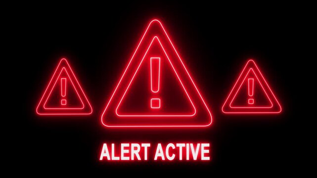 Neon red alert active warning sign with glowing exclamation mark triangles for cybersecurity and system security notifications