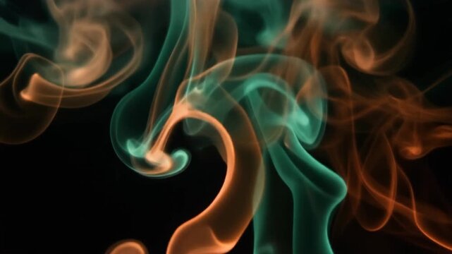 Emerald green and rust orange smoke drifts upward in slow motion, intertwining into elegant wisps under dramatic backlighting with cinematic atmospheric glow against a dark background.