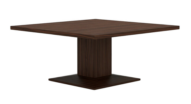 Modern dark brown wooden square table with pedestal base isolated on transparent background