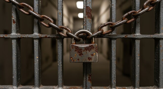 Padlock on rusty chain secures metal prison gate in dim corridor setting