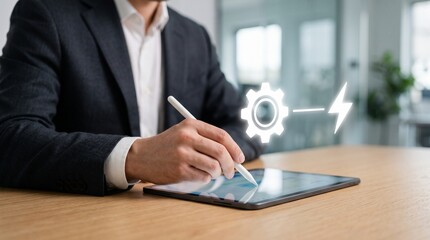 Fototapeta premium Businessman using tablet with stylus for business innovation and digital process automation overlay in office