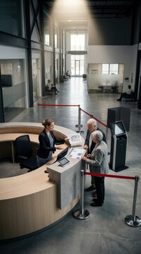 Elegant Senior Couple Interacts With Attentive Receptionist At Modern Building Lobby
