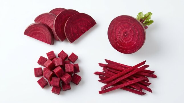 Fresh beetroot slices, cubes, and sticks isolated on white background