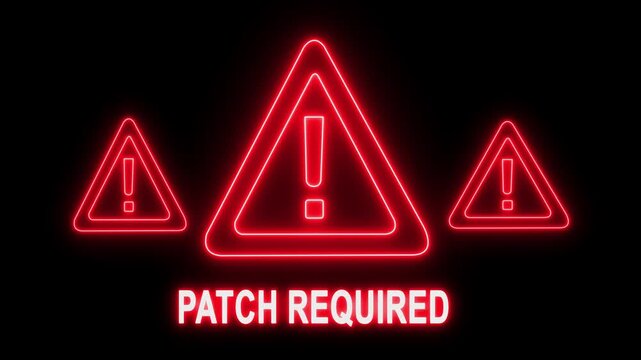 Neon red warning sign with patch required text, cyber security alert and system update notification motion for software development and it infrastructure