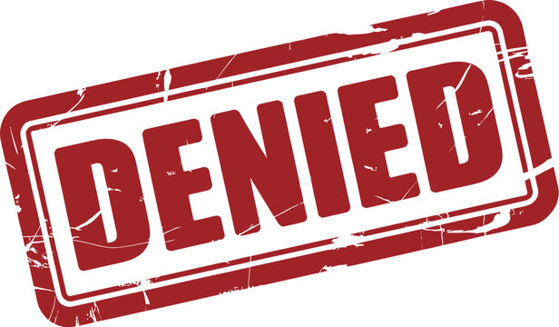 Denied rubber stamp featuring red grunge rectangular frame for rejected documents, approval status, office workflow, and administrative paperwork.