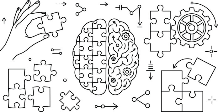 Brain puzzle and logic mental training line icon set featuring problem solving hand holding jigsaw piece gear vector