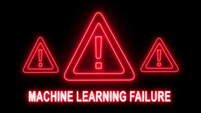 Machine learning failure warning sign with glowing red neon triangles for artificial intelligence and cybersecurity technology concepts