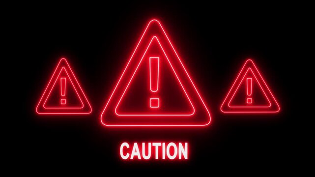 Red neon caution sign with warning triangles, glowing hazard alert animation for industrial safety and cybersecurity concepts