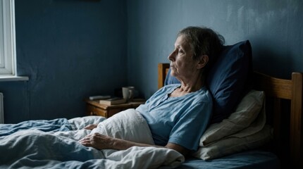 Fototapeta premium Elderly Woman Lying In Bed Reflecting On Life Or Illness