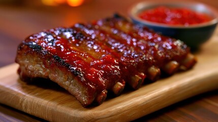 Obraz premium Glazed ribs with sauce on wooden board, rich and savory appearance, positioned near red bowl, warm hues