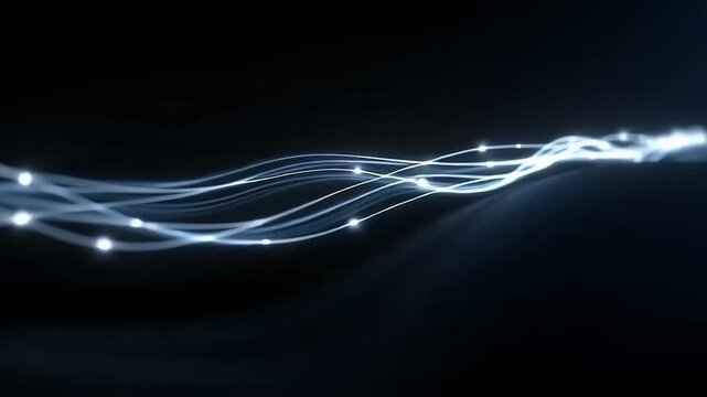 Light trails pulse through a dark void while connecting glowing nodes in a digital network.