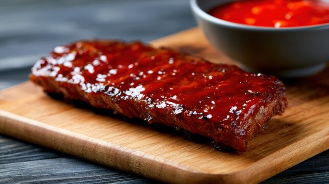 Glossy barbecue ribs on wooden board with tangy sauce in a bowl, perfect for a savory meal