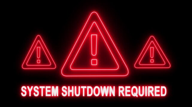 System shutdown required warning sign with glowing red neon hazard triangles for cybersecurity and critical error alerts