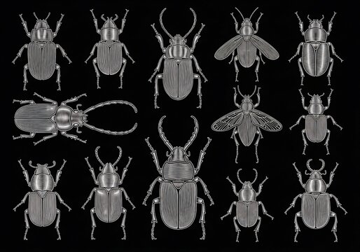 Intricate Silver Beetle Collection: Detailed Insect Art on Black Canvas