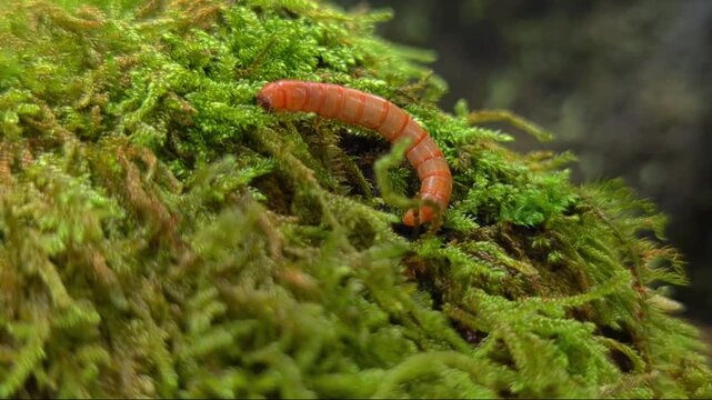 Orange larva crawling on green moss in nature
