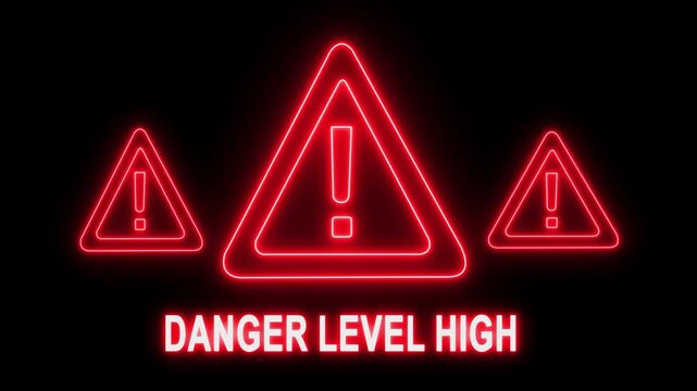 Danger level neon sign with glowing red warning triangles and exclamation marks for industrial safety and emergency alert notifications