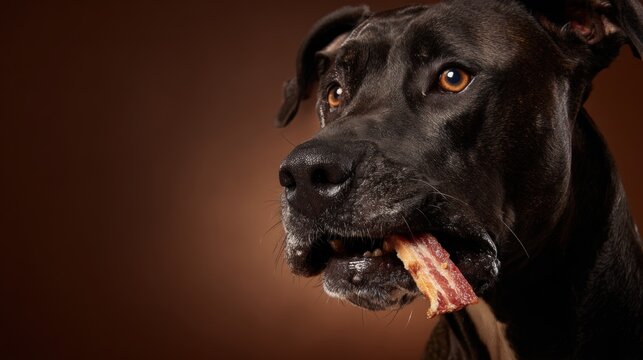 Dog holds piece of bacon in its mouth and looks at the camera in a studio setting