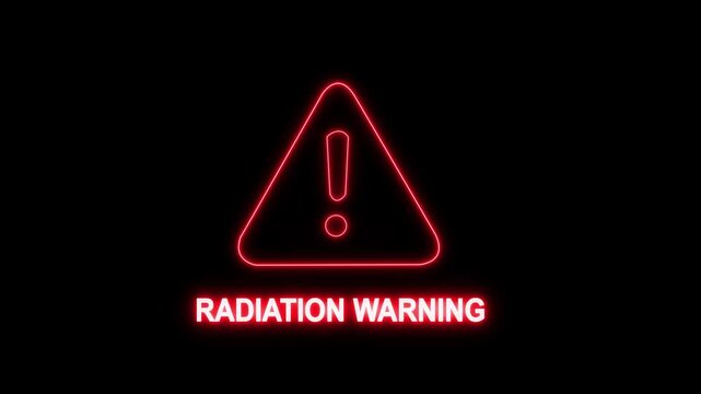 Glowing neon radiation warning sign with exclamation mark symbol, radioactive hazard alert concept for nuclear safety and industrial security, red light animation on black background