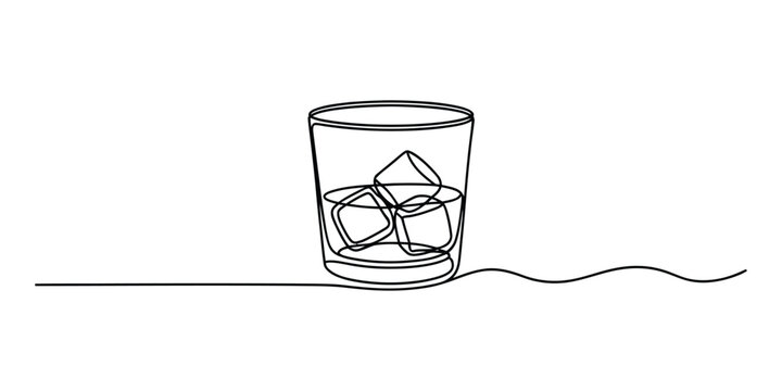 Continuous line drawing of a whiskey glass with ice cubes